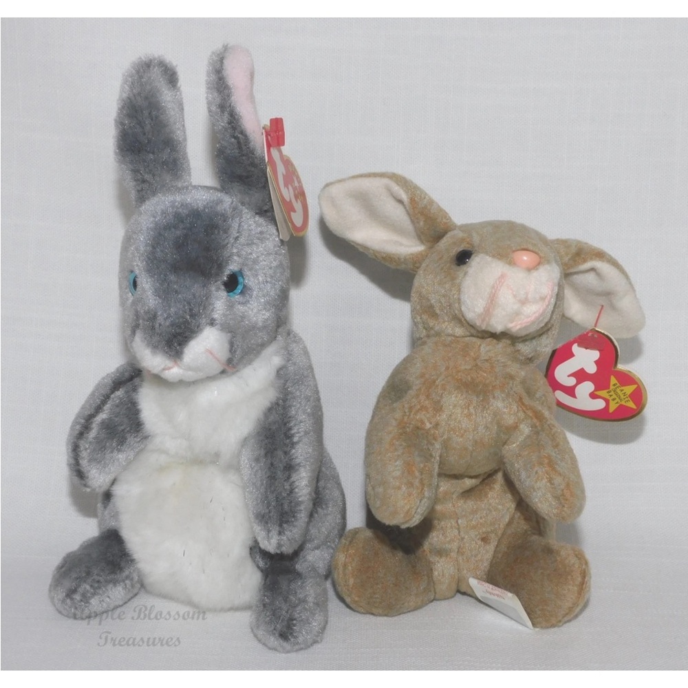 Ty Beanie Babies - 2 Bunnies/Rabbits w/Tags - Nibbly 1999 & Hopper 2000